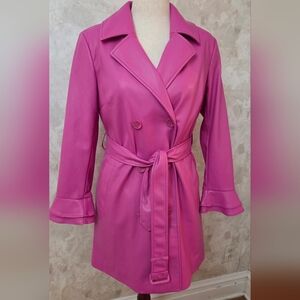 Colleen Lopez Hot Pink Faux Leather Trench Coat Belted Statement Jacket S
